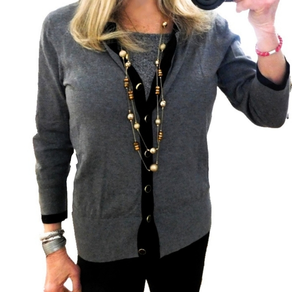 Audrey & Grace Sweaters - AUDREY & GRACE GRAY BLACK TRIM LITWEIGHTCARDIGAN